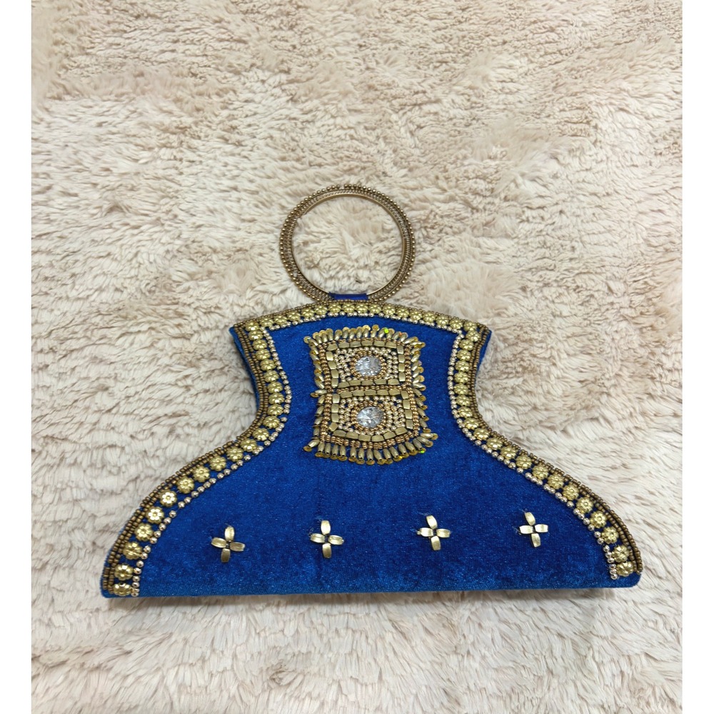 Royal Blue Velvet Embroidered Evening Clutch Beaded Wedding Guest Ring Handle